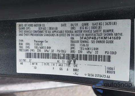 2019 Ford Fiesta Se из США, поврежденный, VIN 3FADP4BJ1KM141689